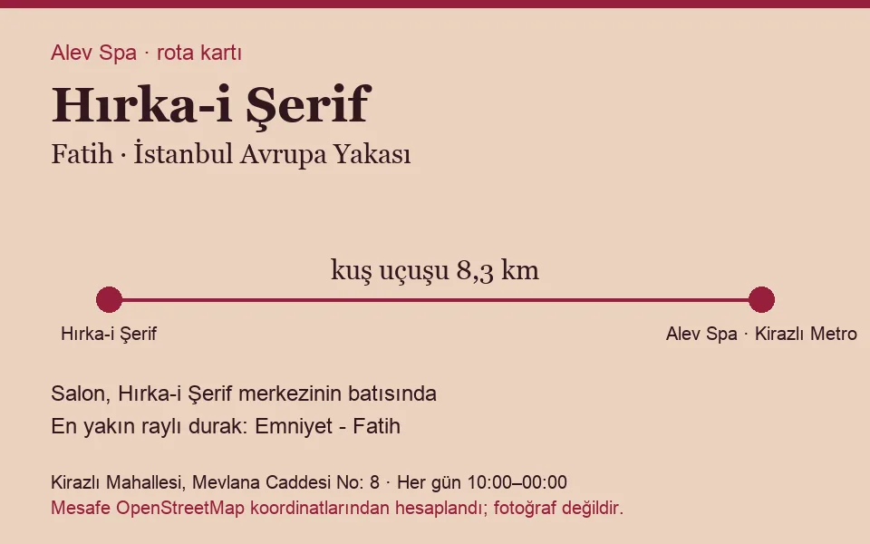 Hırka-i Şerif masaj salonu rota kartı: Alev Spa'ya kuş uçuşu 8,3 km, salon batısında