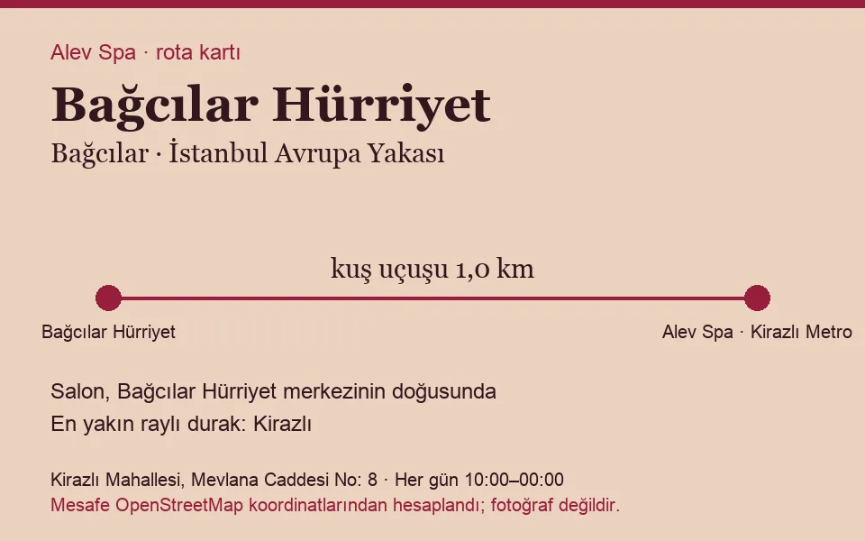 Hürriyet (Bağcılar) masaj salonu rota kartı: Alev Spa'ya kuş uçuşu 1,0 km, salon doğusunda