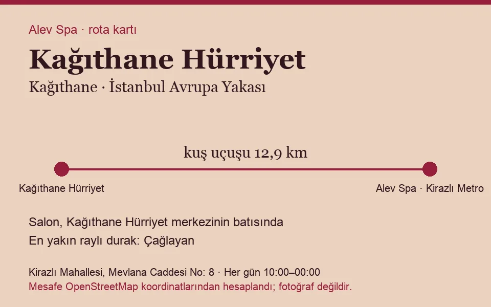Hürriyet (Kağıthane) masaj salonu rota kartı: Alev Spa'ya kuş uçuşu 12,9 km, salon batısında