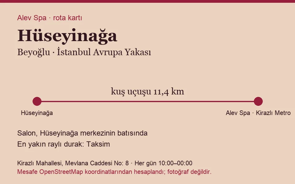 Hüseyinağa masaj salonu rota kartı: Alev Spa'ya kuş uçuşu 11,4 km, salon batısında