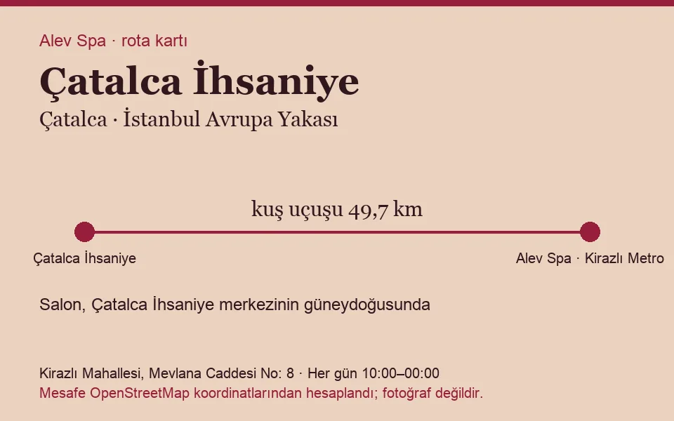 Çatalca Çatalca İhsaniye masaj salonu rota kartı: Alev Spa'ya kuş uçuşu 49,7 km, salon güneydoğusunda