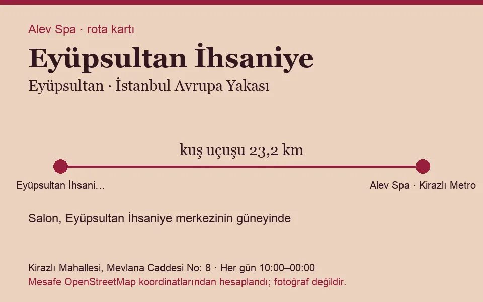 Eyüpsultan Eyüpsultan İhsaniye masaj salonu rota kartı: Alev Spa'ya kuş uçuşu 23,2 km, salon güneyinde