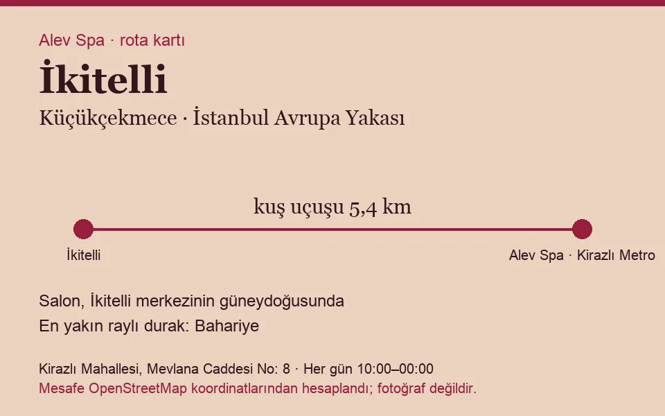 İkitelli masaj salonu rota kartı: Alev Spa'ya kuş uçuşu 5,4 km, salon güneydoğusunda