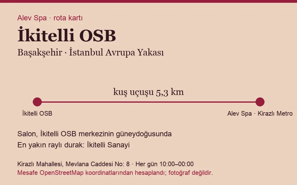 İkitelli OSB masaj salonu rota kartı: Alev Spa'ya kuş uçuşu 5,3 km, salon güneydoğusunda