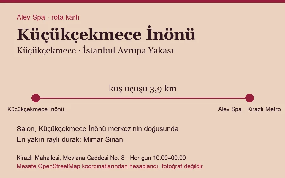İnönü (Küçükçekmece) masaj salonu rota kartı: Alev Spa'ya kuş uçuşu 3,9 km, salon doğusunda