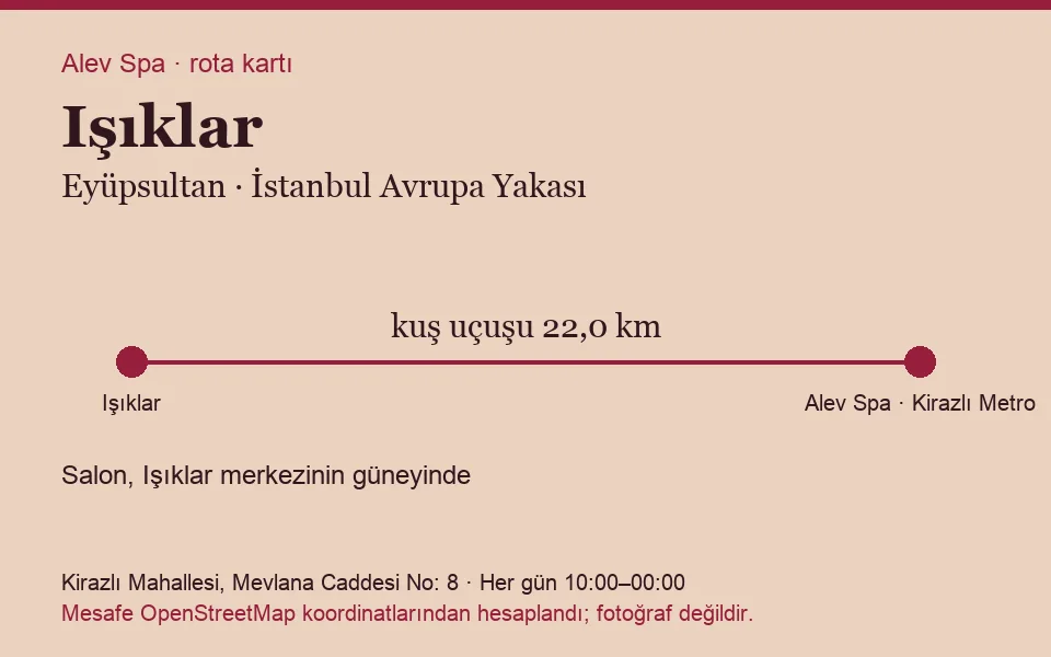 Işıklar masaj salonu rota kartı: Alev Spa'ya kuş uçuşu 22,0 km, salon güneyinde