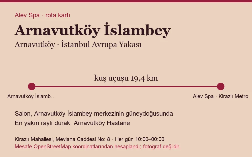 İslambey (Arnavutköy) masaj salonu rota kartı: Alev Spa'ya kuş uçuşu 19,4 km, salon güneydoğusunda