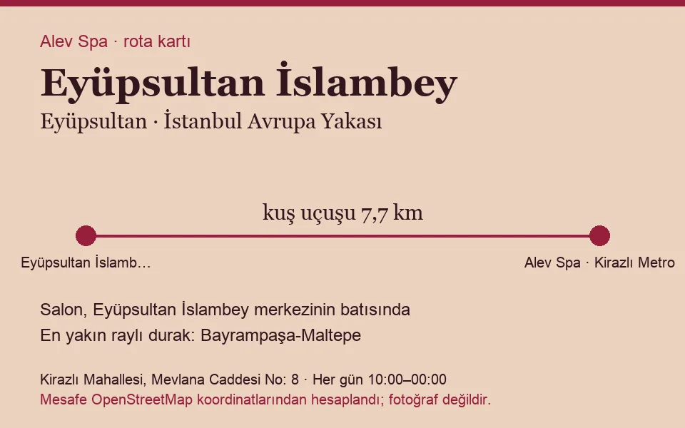 İslambey (Eyüpsultan) masaj salonu rota kartı: Alev Spa'ya kuş uçuşu 7,7 km, salon batısında