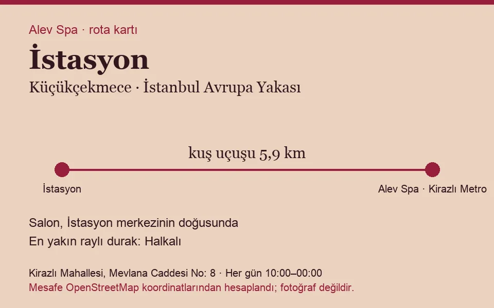 İstasyon masaj salonu rota kartı: Alev Spa'ya kuş uçuşu 5,9 km, salon doğusunda