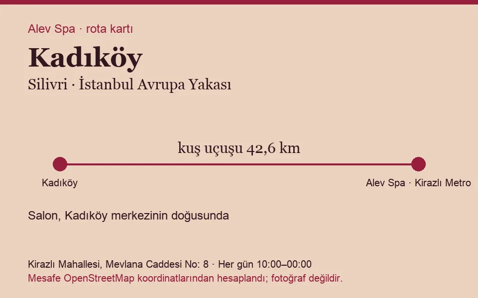 Kadıköy masaj salonu rota kartı: Alev Spa'ya kuş uçuşu 42,6 km, salon doğusunda