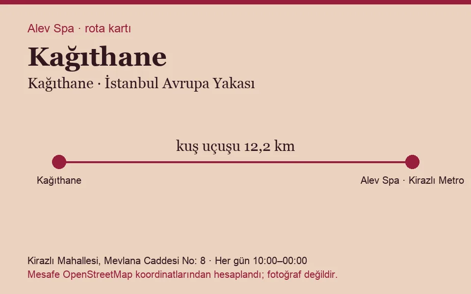 Kağıthane masaj salonu rota kartı: Alev Spa'ya kuş uçuşu 12,2 km