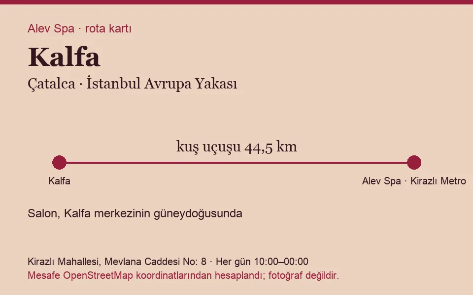 Kalfa masaj salonu rota kartı: Alev Spa'ya kuş uçuşu 44,5 km, salon güneydoğusunda