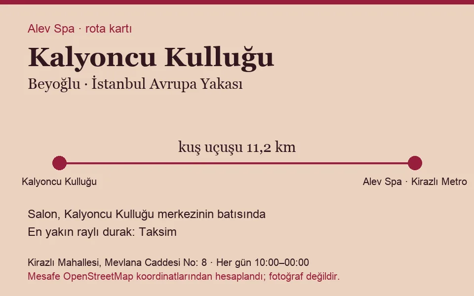 Kalyoncu Kulluğu masaj salonu rota kartı: Alev Spa'ya kuş uçuşu 11,2 km, salon batısında