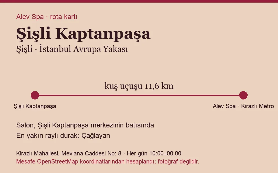 Kaptanpaşa (Şişli) masaj salonu rota kartı: Alev Spa'ya kuş uçuşu 11,6 km, salon batısında