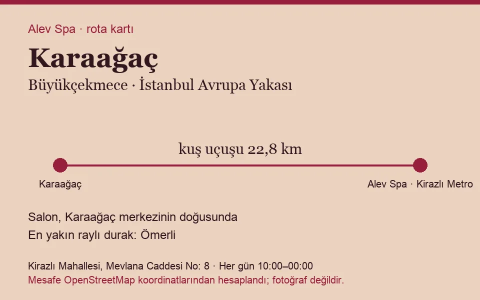 Karaağaç masaj salonu rota kartı: Alev Spa'ya kuş uçuşu 22,8 km, salon doğusunda