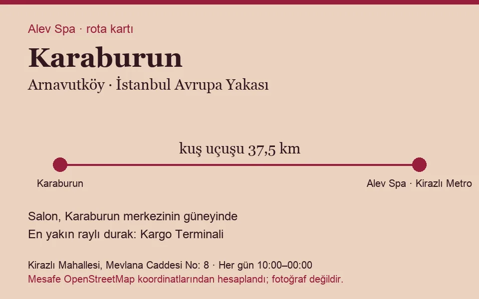 Karaburun masaj salonu rota kartı: Alev Spa'ya kuş uçuşu 37,5 km, salon güneyinde