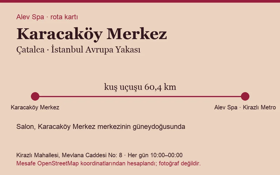 Karacaköy Merkez masaj salonu rota kartı: Alev Spa'ya kuş uçuşu 60,4 km, salon güneydoğusunda