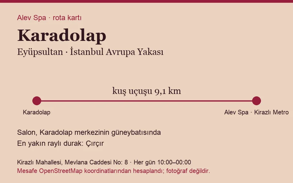 Karadolap masaj salonu rota kartı: Alev Spa'ya kuş uçuşu 9,1 km, salon güneybatısında