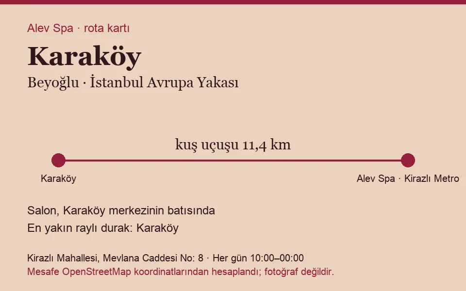Karaköy masaj salonu rota kartı: Alev Spa'ya kuş uçuşu 11,4 km, salon batısında