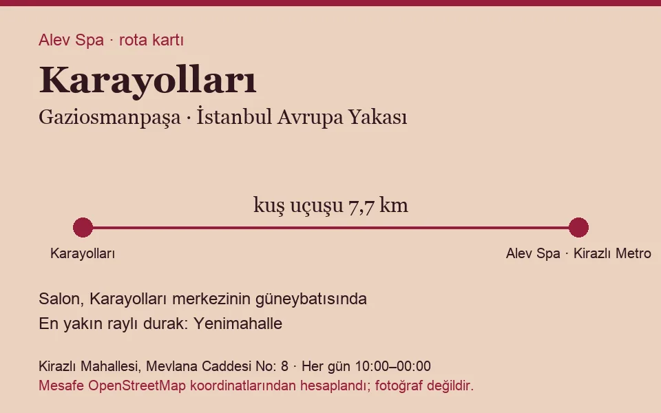 Karayolları masaj salonu rota kartı: Alev Spa'ya kuş uçuşu 7,7 km, salon güneybatısında