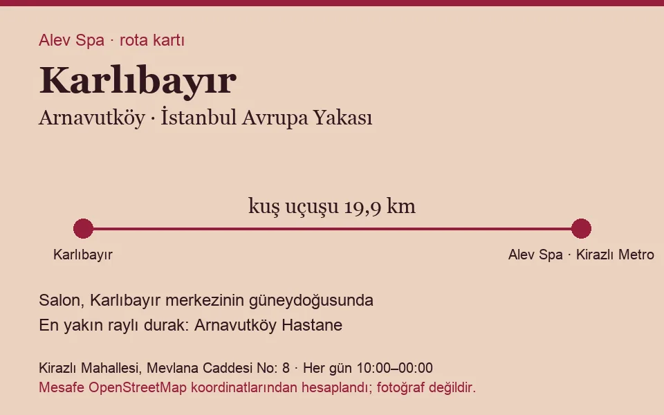 Karlıbayır masaj salonu rota kartı: Alev Spa'ya kuş uçuşu 19,9 km, salon güneydoğusunda