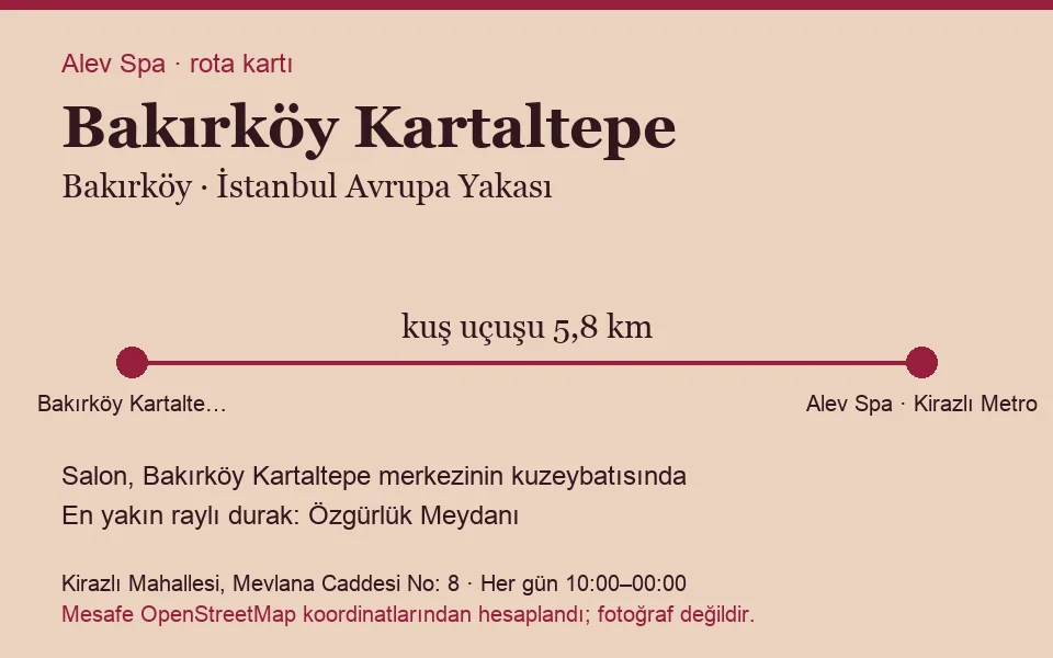 Kartaltepe (Bakırköy) masaj salonu rota kartı: Alev Spa'ya kuş uçuşu 5,8 km, salon kuzeybatısında
