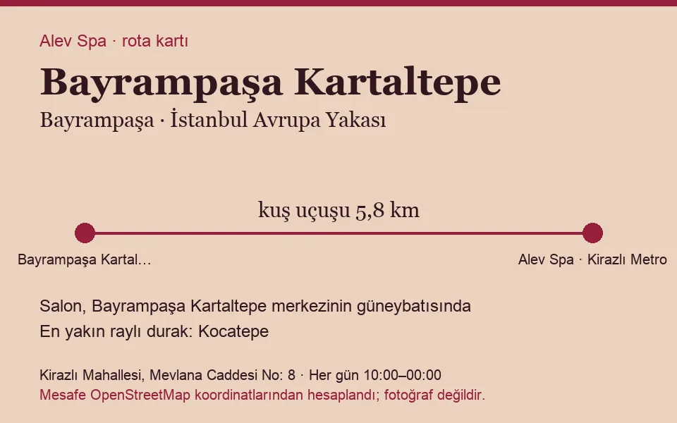 Kartaltepe (Bayrampaşa) masaj salonu rota kartı: Alev Spa'ya kuş uçuşu 5,8 km, salon güneybatısında