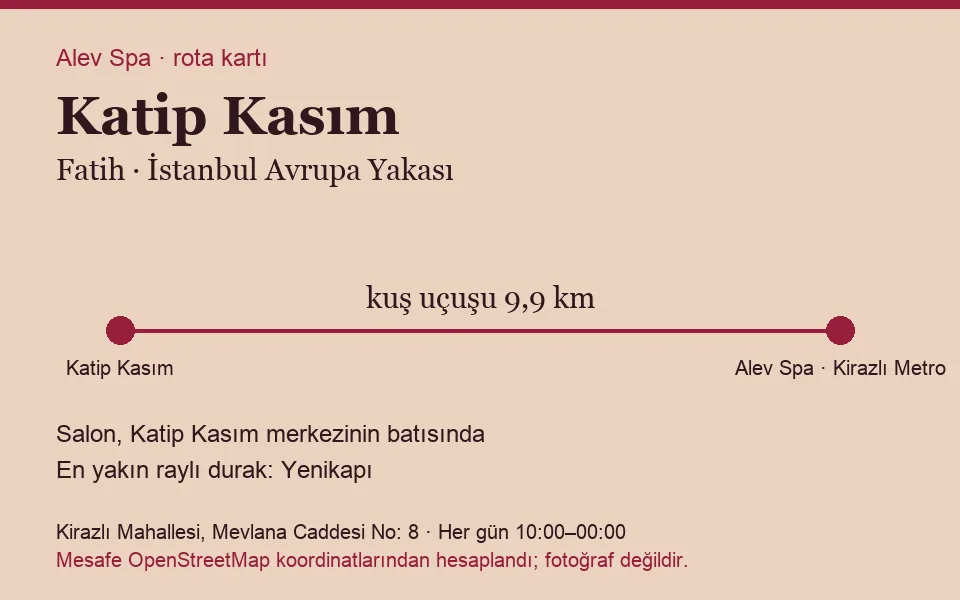 Katip Kasım masaj salonu rota kartı: Alev Spa'ya kuş uçuşu 9,9 km, salon batısında