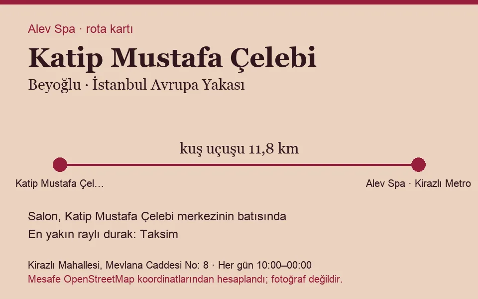 Katip Mustafa Çelebi masaj salonu rota kartı: Alev Spa'ya kuş uçuşu 11,8 km, salon batısında