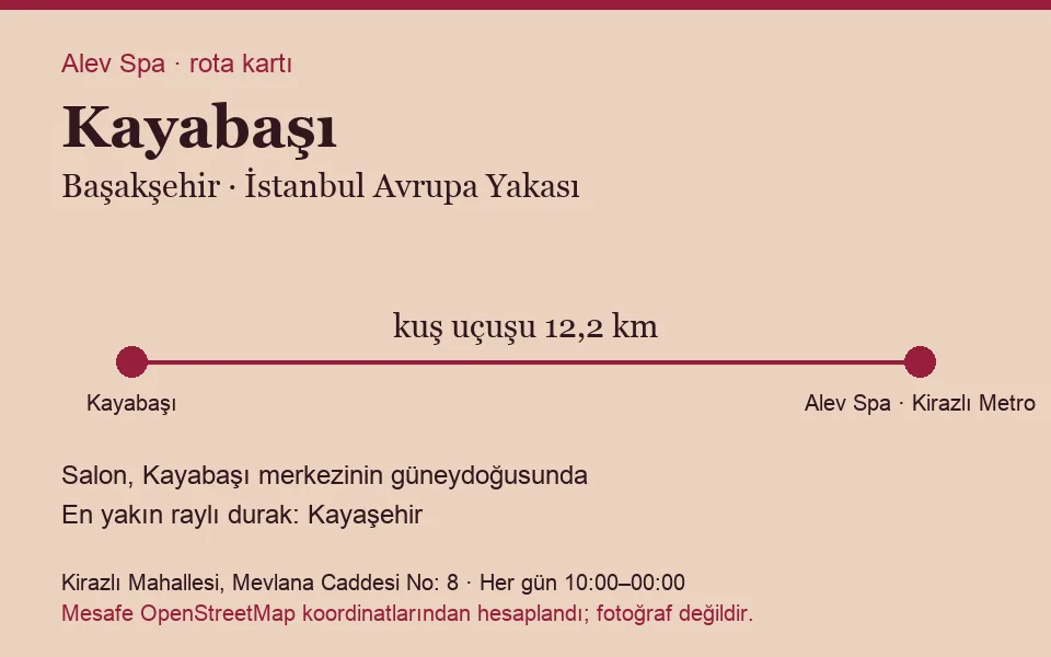 Kayabaşı masaj salonu rota kartı: Alev Spa'ya kuş uçuşu 12,2 km, salon güneydoğusunda