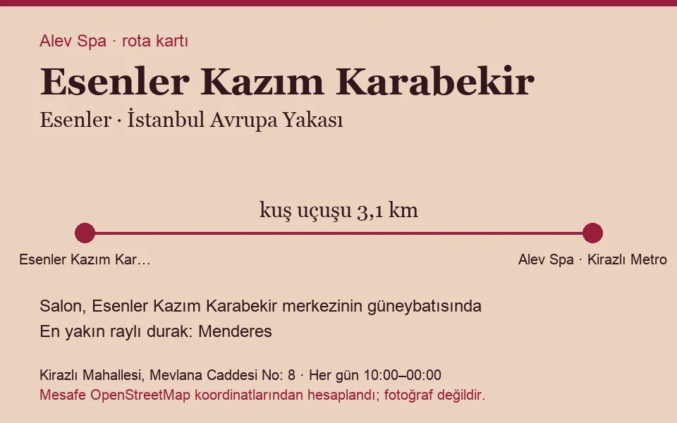 Kazım Karabekir (Esenler) masaj salonu rota kartı: Alev Spa'ya kuş uçuşu 3,1 km, salon güneybatısında