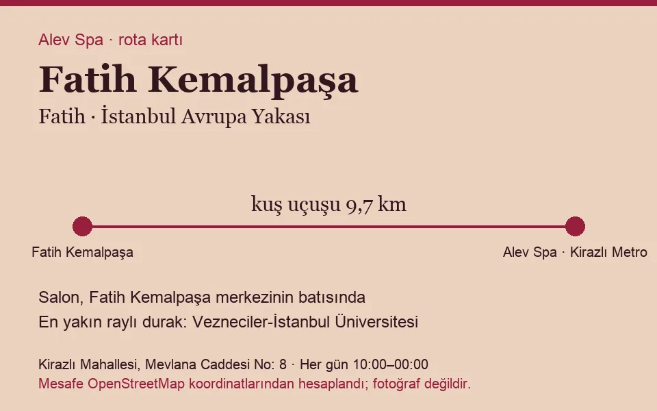 Kemalpaşa (Fatih) masaj salonu rota kartı: Alev Spa'ya kuş uçuşu 9,7 km, salon batısında