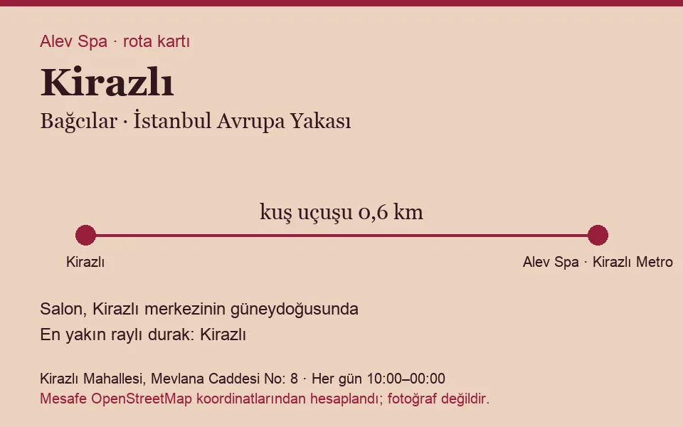 Kirazlı masaj salonu rota kartı: Alev Spa'ya kuş uçuşu 0,6 km, salon güneydoğusunda