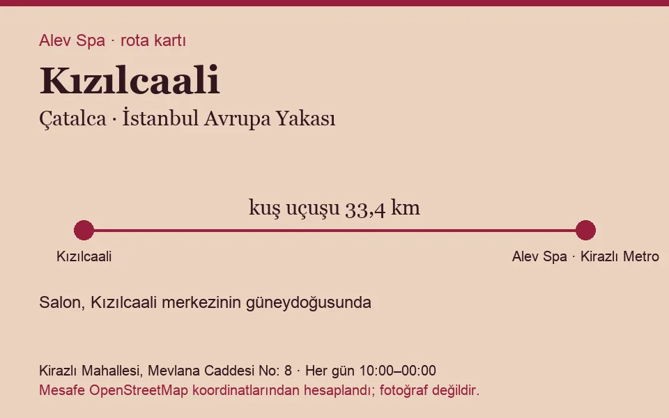 Kızılcaali masaj salonu rota kartı: Alev Spa'ya kuş uçuşu 33,4 km, salon güneydoğusunda