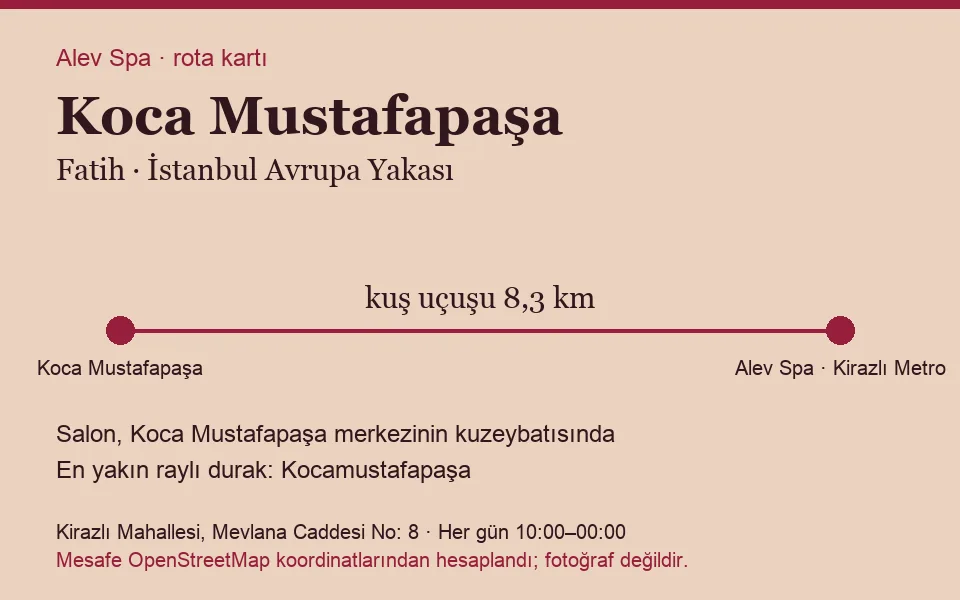 Koca Mustafapaşa masaj salonu rota kartı: Alev Spa'ya kuş uçuşu 8,3 km, salon kuzeybatısında