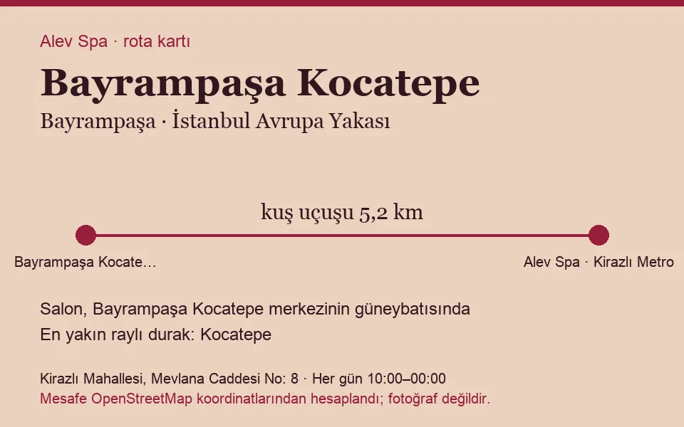 Kocatepe (Bayrampaşa) masaj salonu rota kartı: Alev Spa'ya kuş uçuşu 5,2 km, salon güneybatısında