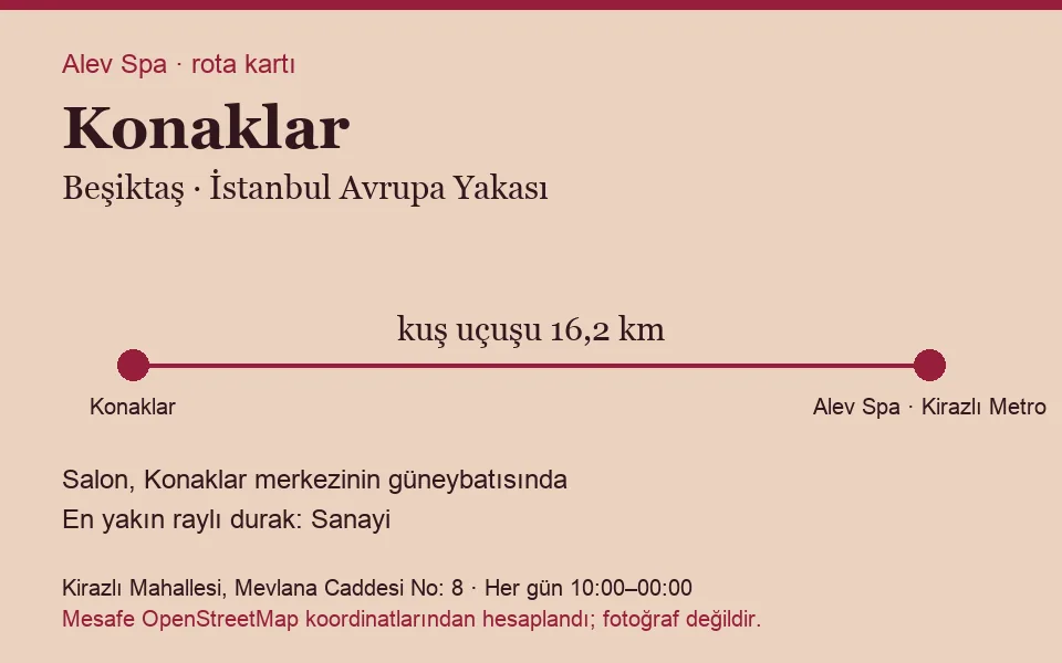 Konaklar masaj salonu rota kartı: Alev Spa'ya kuş uçuşu 16,2 km, salon güneybatısında
