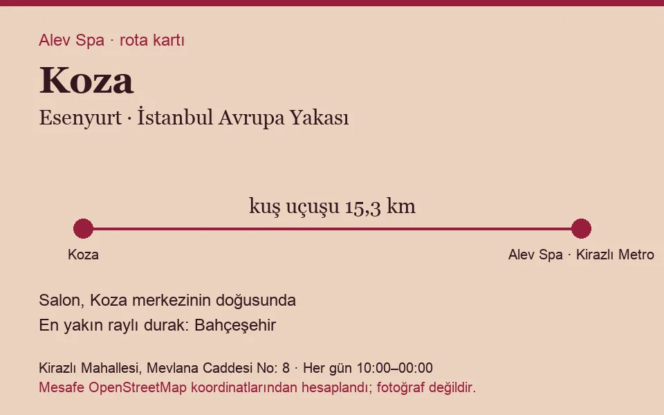 Koza masaj salonu rota kartı: Alev Spa'ya kuş uçuşu 15,3 km, salon doğusunda