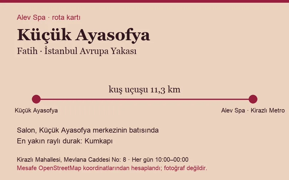 Küçük Ayasofya masaj salonu rota kartı: Alev Spa'ya kuş uçuşu 11,3 km, salon batısında