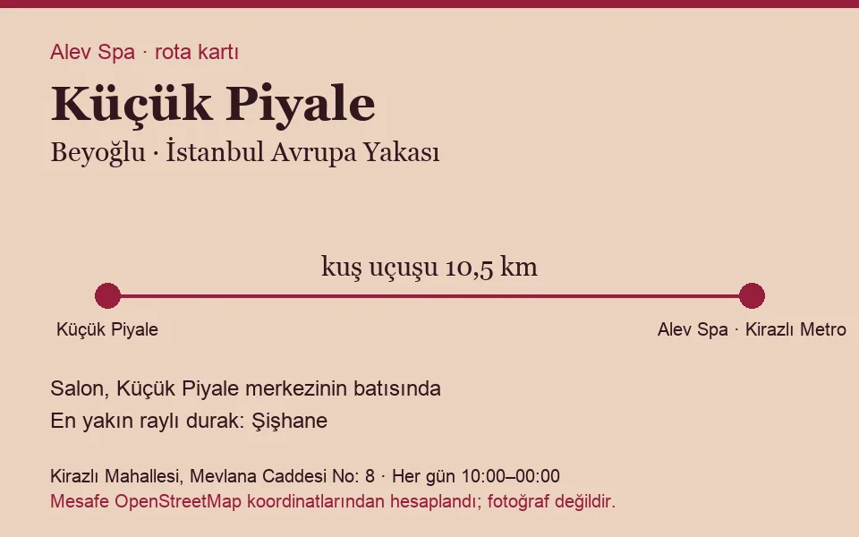 Küçük Piyale masaj salonu rota kartı: Alev Spa'ya kuş uçuşu 10,5 km, salon batısında