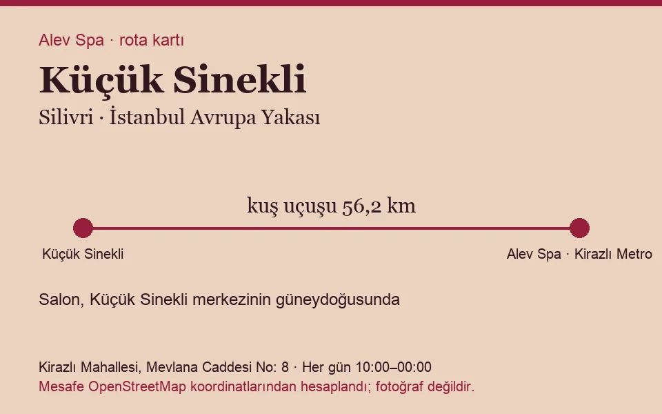 Küçük Sinekli masaj salonu rota kartı: Alev Spa'ya kuş uçuşu 56,2 km, salon güneydoğusunda