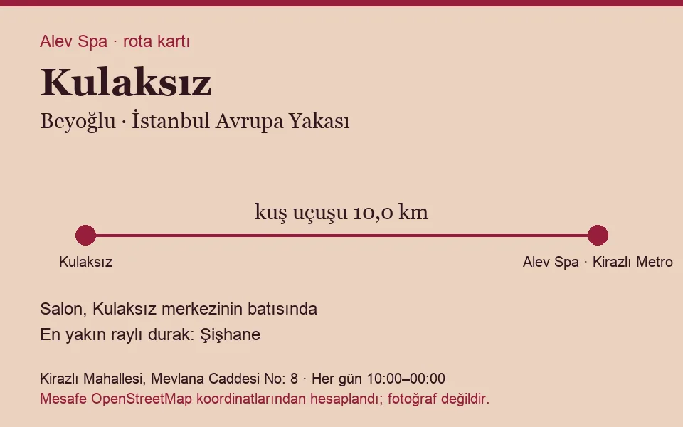 Kulaksız masaj salonu rota kartı: Alev Spa'ya kuş uçuşu 10,0 km, salon batısında