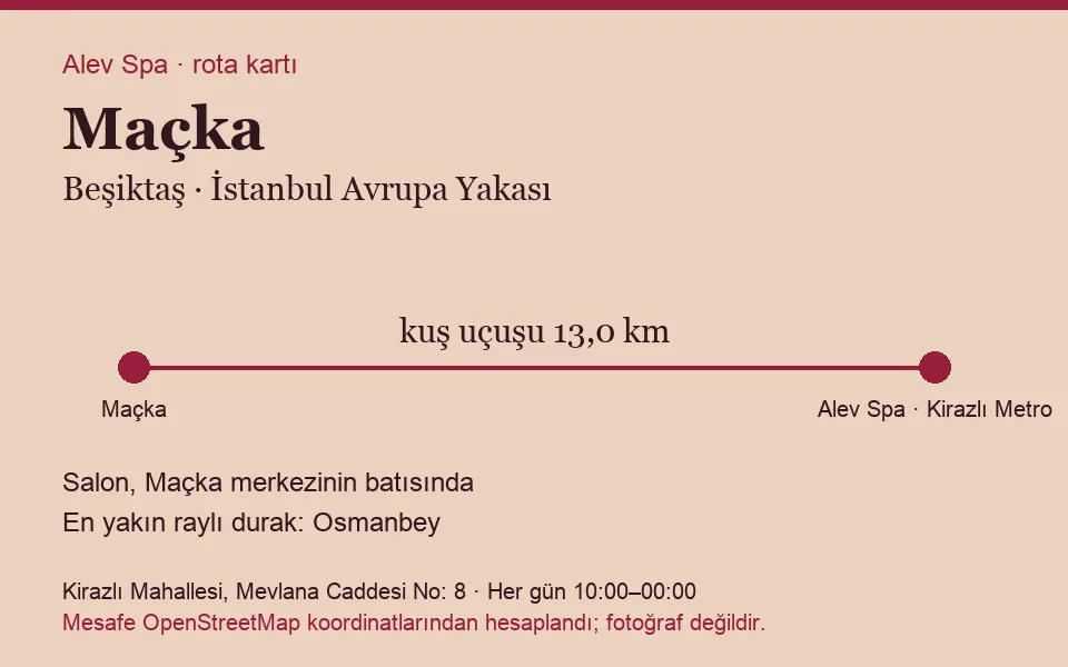 Maçka masaj salonu rota kartı: Alev Spa'ya kuş uçuşu 13,0 km, salon batısında