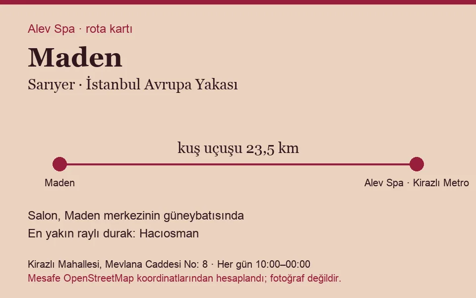 Maden masaj salonu rota kartı: Alev Spa'ya kuş uçuşu 23,5 km, salon güneybatısında