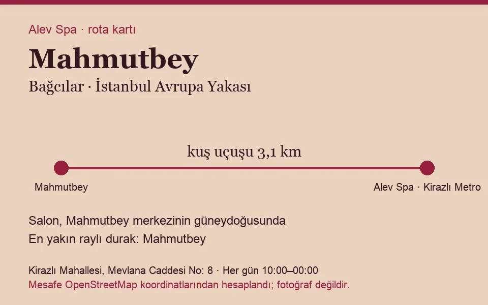 Mahmutbey masaj salonu rota kartı: Alev Spa'ya kuş uçuşu 3,1 km, salon güneydoğusunda