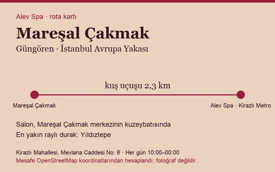 Mareşal Çakmak masaj salonu rota kartı: Alev Spa'ya kuş uçuşu 2,3 km, salon kuzeybatısında