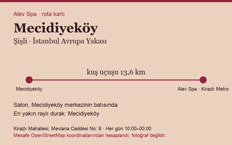 Mecidiyeköy masaj salonu rota kartı: Alev Spa'ya kuş uçuşu 13,6 km, salon batısında