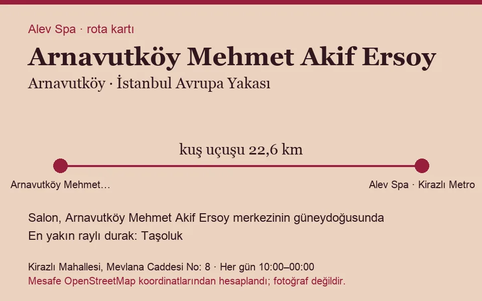 Mehmet Akif Ersoy (Arnavutköy) masaj salonu rota kartı: Alev Spa'ya kuş uçuşu 22,6 km, salon güneydoğusunda