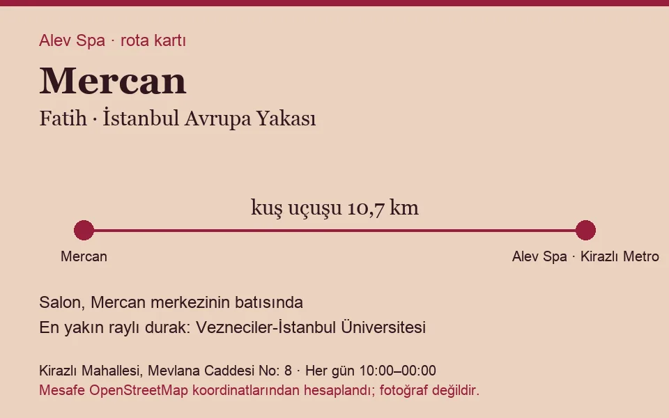 Mercan masaj salonu rota kartı: Alev Spa'ya kuş uçuşu 10,7 km, salon batısında