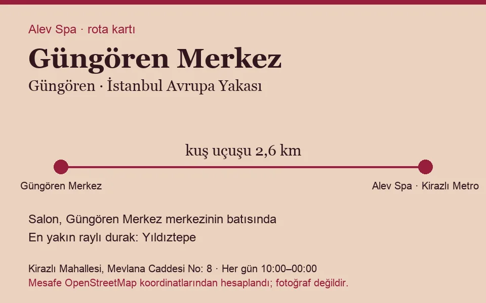 Merkez (Güngören) masaj salonu rota kartı: Alev Spa'ya kuş uçuşu 2,6 km, salon batısında